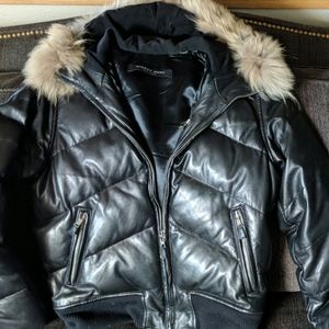Ladies brown leather down filled jacket